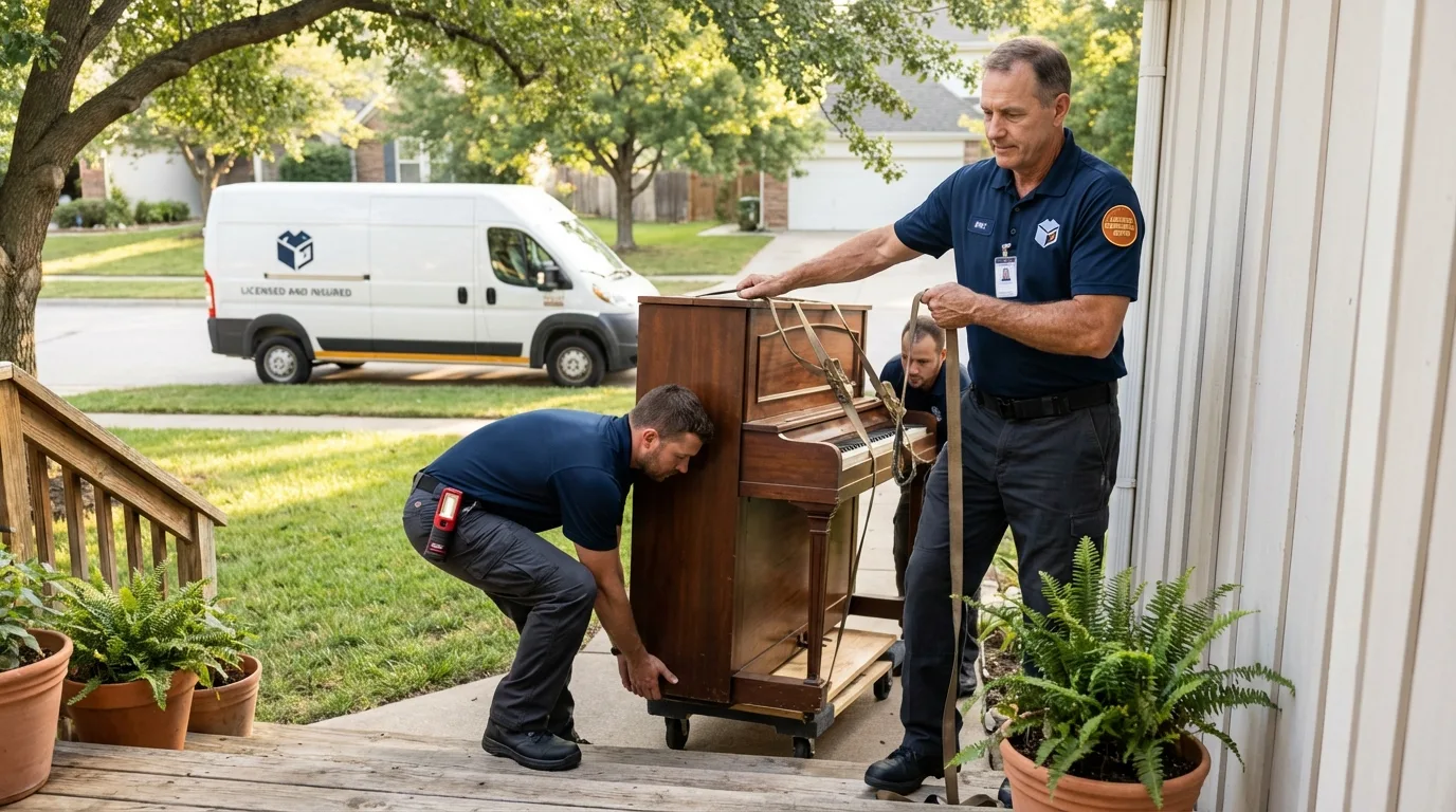 Licensed piano movers securing grand piano in Satanta, KS