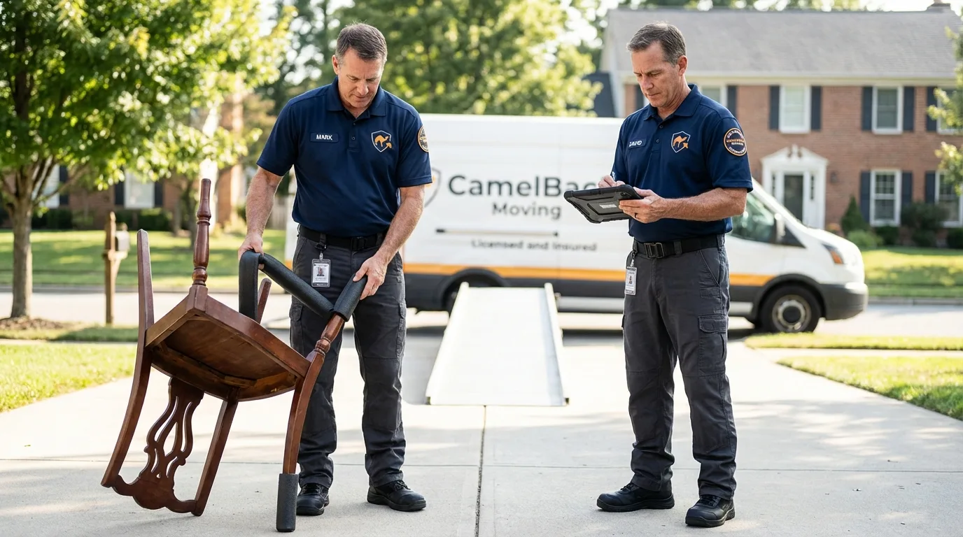 Movers inspecting furniture for damage prevention before loading in Satanta, KS