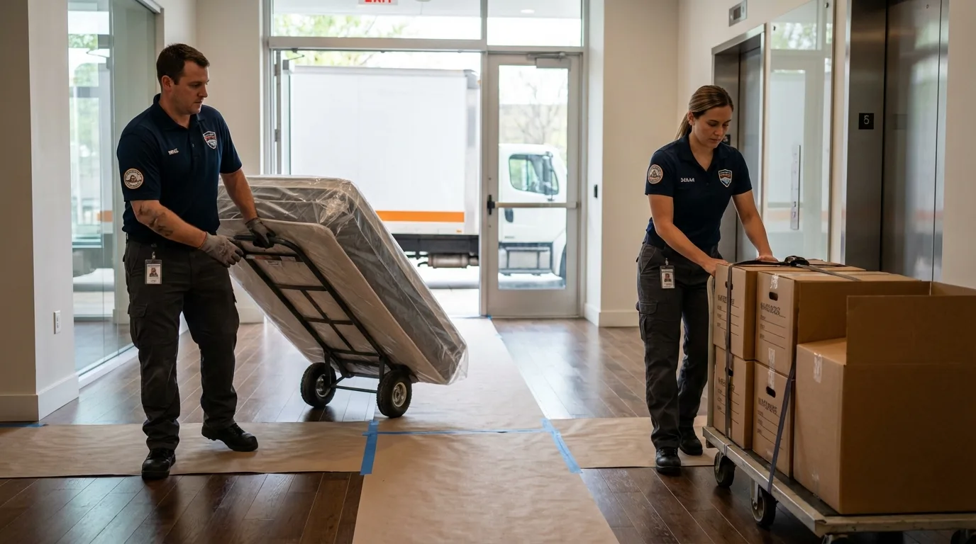 Professional apartment movers loading elevator in Satanta, KS