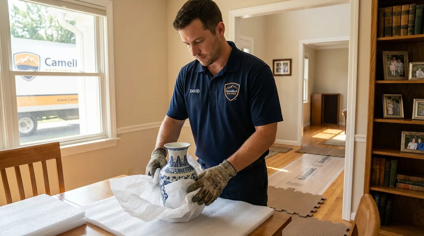 Professional crew carefully wrapping antique vase for senior downsizing move in Satanta, KS